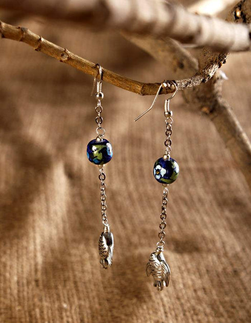 Blue Pottery Bead with Metal Fish Earring (Blue)